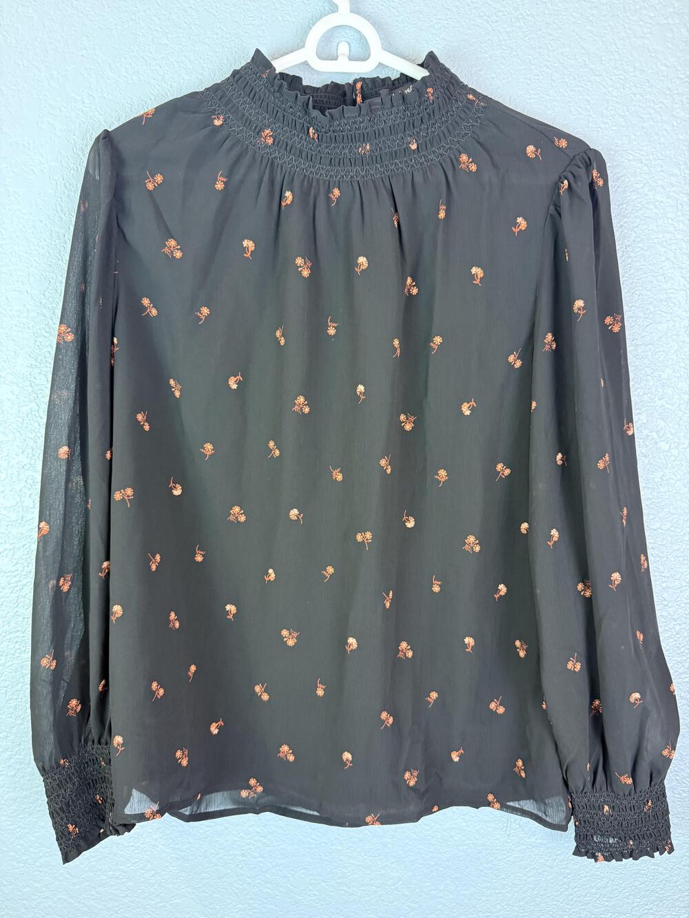 Madewell Blouse Womens Medium Black Floral Long Sleeve Mock Neck Sheer Fall FA21